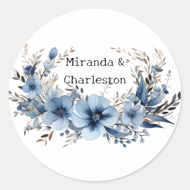 Elegant Airy Dusty Blue Floral Wedding Runder Aufkleber (Vorderseite)