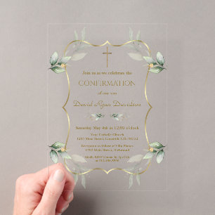 Elegant Airy Greenery Gold Cross Bestätigung Acryleinladungen