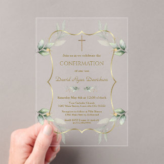Elegant Airy Greenery Gold Cross Bestätigung Acryleinladungen