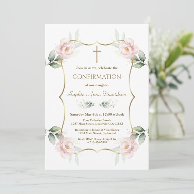 Elegant Airy Greenery Pink Floral Confirmation  Einladung (Stehend Vorderseite)