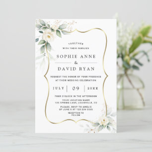 Elegant Airy Greenery White Blume GoldWedding Einladung