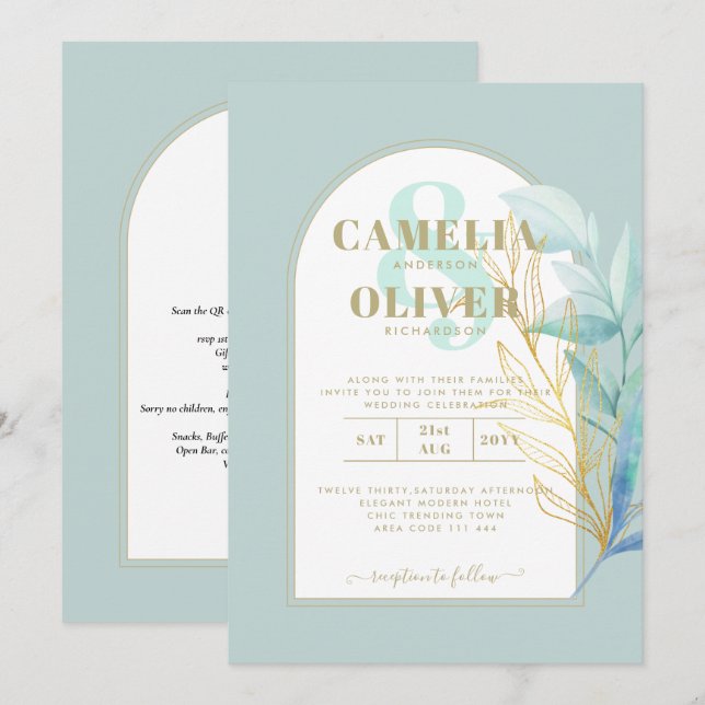 ELEGANT All-in-1 Sea Glass Gold Leaf Sage Wedding Einladung (Vorne/Hinten)