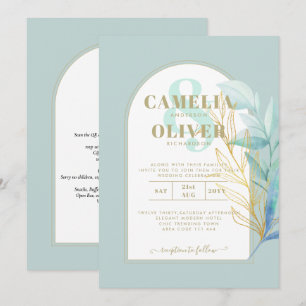 ELEGANT All-in-1 Sea Glass Gold Leaf Sage Wedding Einladung
