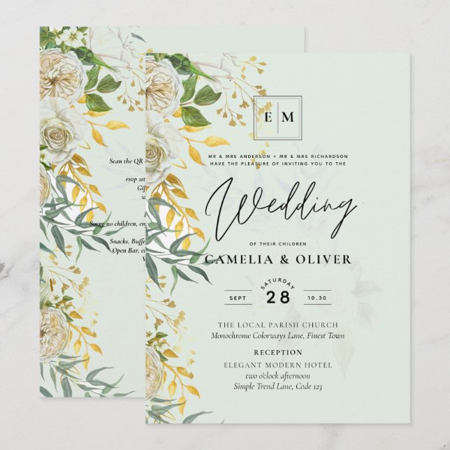 Elegant All-in-1 White Roses Botanical Wedding Inv Einladung (Vorne/Hinten)