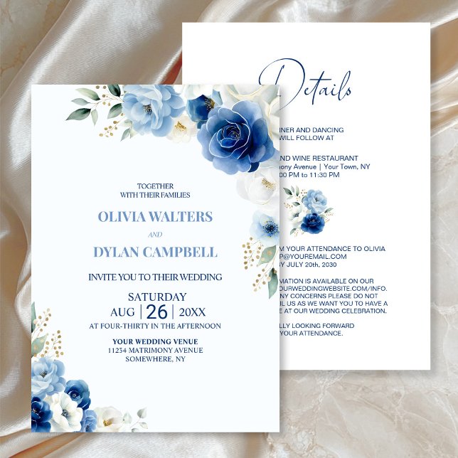 Elegant All in One Blue Floral Wedding Einladung (Von Creator hochgeladen)