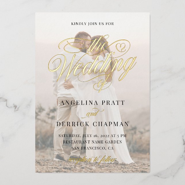 Elegant All in One Custom Foto Calligraphy Gold Folieneinladung (Vorderseite)