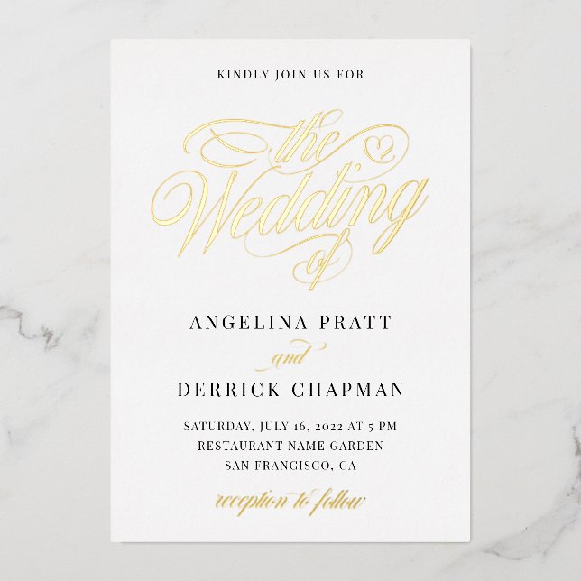 Elegant All in One Simple Calligraphy Wedding Gold Folieneinladung (Vorderseite)