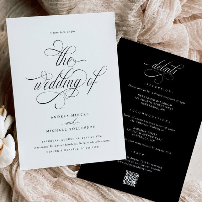 Elegant All in One Wedding Einladung mit Details (Elegant Luxury Wedding Invitations - Black & White Luxury Calligraphy Script - Details on Back)