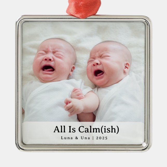 Elegant "All Is Calm(ish)" Sibling Photo Christmas Ornament Aus Metall (Vorne)
