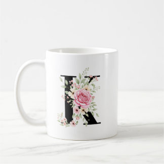 Elegant Alphabet Coffee Cup with Pink Rose Design Kaffeetasse