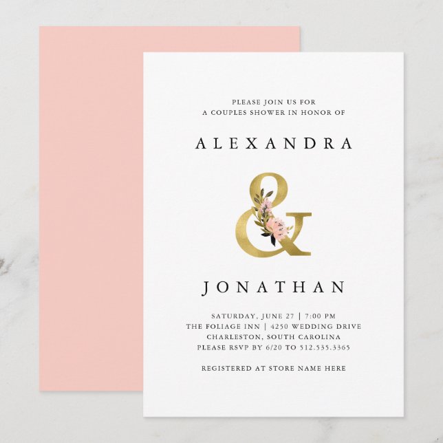 Elegant Ampersand | Dusche aus Gold und Blush Paar Einladung (Vorne/Hinten)
