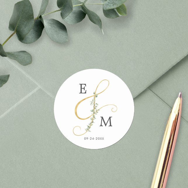 Elegant Ampersand Greenery Monogram Wedding Runder Aufkleber (Von Creator hochgeladen)