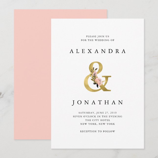 Elegant Ampersand | Hochzeit mit Gold und Blush Einladung (Vorne/Hinten)
