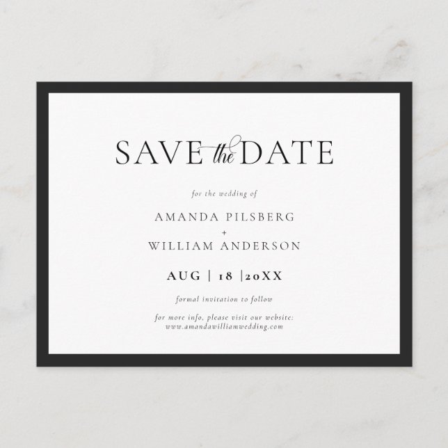 Elegant and Classic Black & White Save the Date Postkarte (Vorderseite)