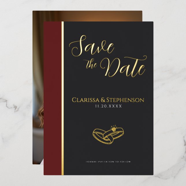Elegant  Anthracite Burgundy Photo Save The Date Folieneinladung (Vorderseite/Rückseite)