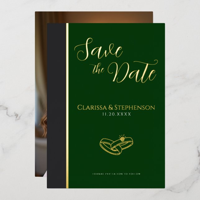 Elegant  Anthracite Dark Green Photo Save The Date Folieneinladung (Vorderseite/Rückseite)