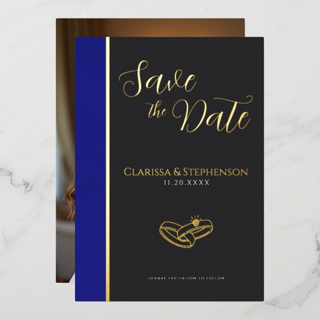 Elegant Anthracite Deep Blue  Photo Save The Date Folieneinladung (Vorderseite/Rückseite)