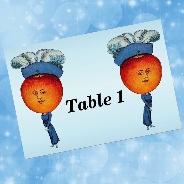 Elegant Apple Head Lady Feather Hat Tischnummer (Elegant Lady red Apple head with face fancy blue feather hat on light blue event table number cards.)