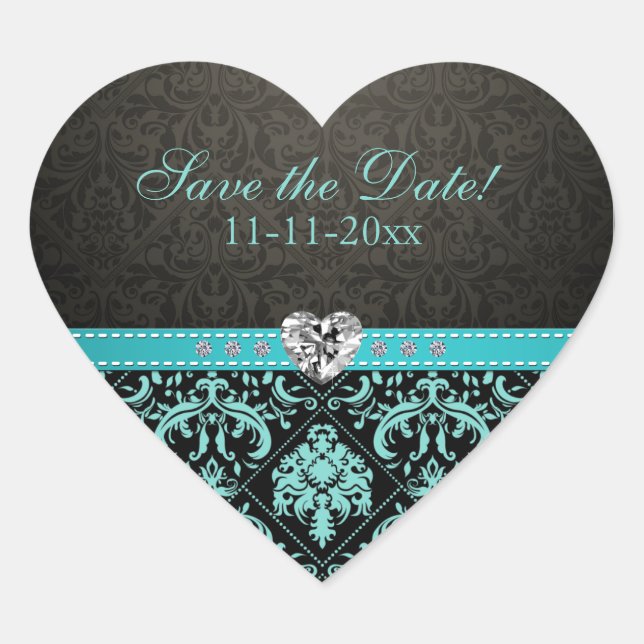 Elegant Aqua Blue / Black Damask "Save the Date" Herz-Aufkleber (Vorderseite)
