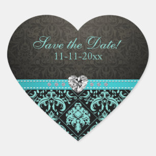 Elegant Aqua Blue / Black Damask "Save the Date" Herz-Aufkleber
