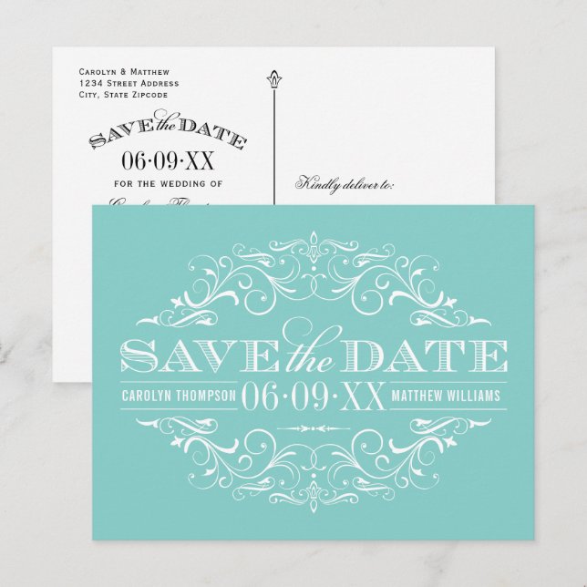 Elegant Aqua Blue Blüh Wedding Save the Date Ankündigungspostkarte (Vorne/Hinten)