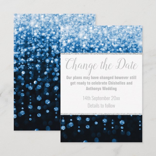 ELEGANT AQUA BLUE DIAMOND SILVER POSTPONEMENT CARD RSVP KARTE (Vorne/Hinten)