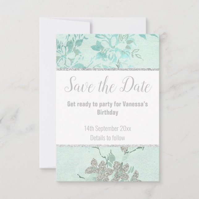 ELEGANT AQUA BLUE FLORAL SILVER GLITZER RSVP CARD (Vorderseite)