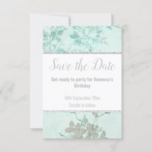 ELEGANT AQUA BLUE FLORAL SILVER GLITZER RSVP CARD
