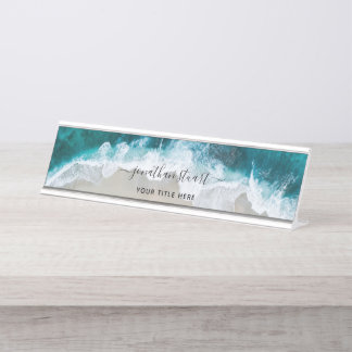 Elegant Aqua Blue Green Beach Script Schreibtischnamensplakette