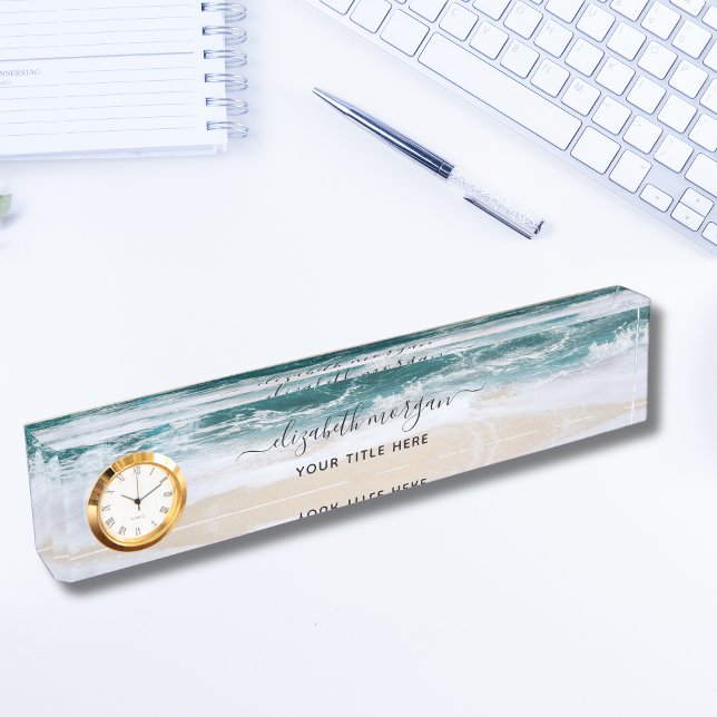 Elegant Aqua Blue Green Script Name Clock Desk Nam Namensplakette (Von Creator hochgeladen)