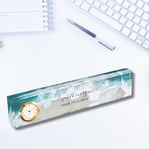 Elegant Aqua Blue Green Script Name Clock Desk Nam Namensplakette