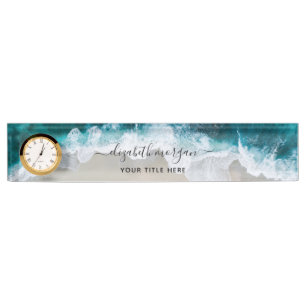Elegant Aqua Blue Green Script Name Clock Namensplakette