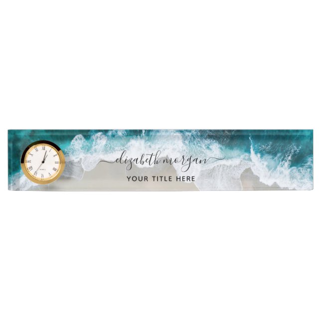 Elegant Aqua Blue Green Script Name Clock Namensplakette (Vorderseite)