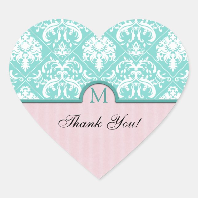 Elegant Aqua Blue & Pink Damask Vielen Dank Herz-Aufkleber (Vorderseite)