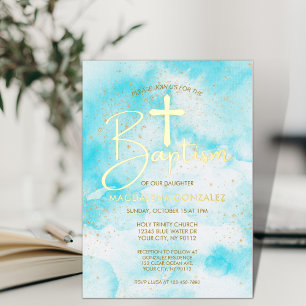 Elegant Aqua Blue Watercolor Gold Cross Taufe Folieneinladung