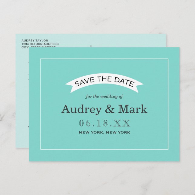 Elegant Aqua Blue Wedding Save the Date Ankündigungspostkarte (Vorne/Hinten)