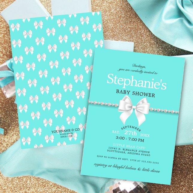 Elegant Aqua Blue White Bow Tiffany Baby Shower Einladung (Elegant aqua blue teal tiffany theme baby shower with pearls white bow and simple typography script)