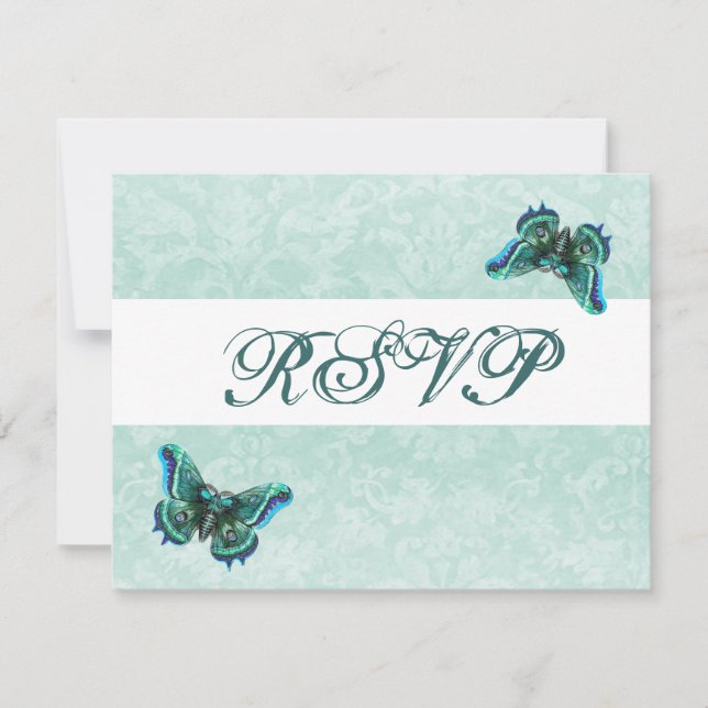 Elegant Aqua Damask Butterflies UAWG Wedding RSVP Karte (Vorderseite)