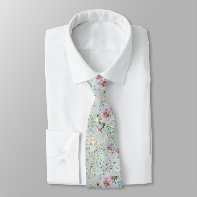 Elegant Aqua Floral Wedding Necktie Krawatte (Gebunden)