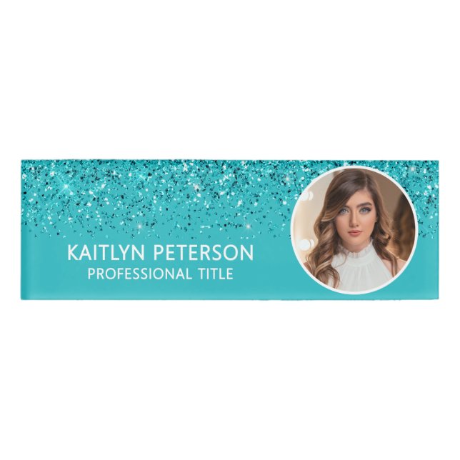Elegant Aqua Glitter Employee Photo ID Namenschild (Vorderseite)
