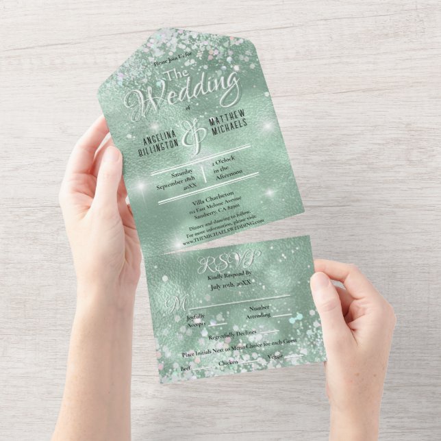 Elegant Aqua Glitzer Confetti Wedding All In One Einladung (Abreißen)