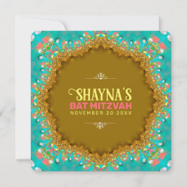 Elegant Aqua Gold Satin Lace Bat Mitzvah Einladung