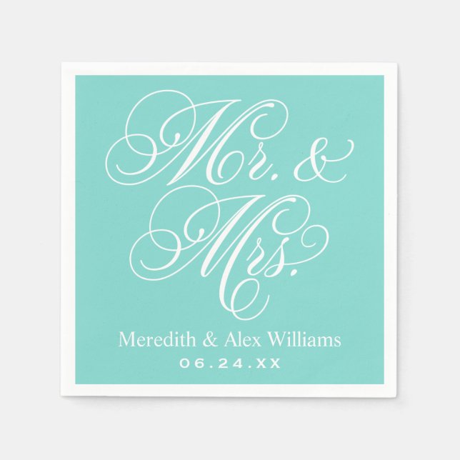Elegant Aqua Mr. und Mrs. Script Custom Monogram Serviette (Vorderseite)