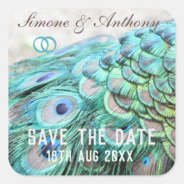 Elegant Aqua Peacock Feathers Save the Date Quadratischer Aufkleber