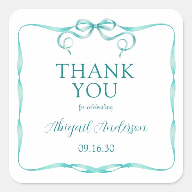 Elegant Aqua Ribbon Baby Shower Vielen Dank Quadratischer Aufkleber (Vorderseite)