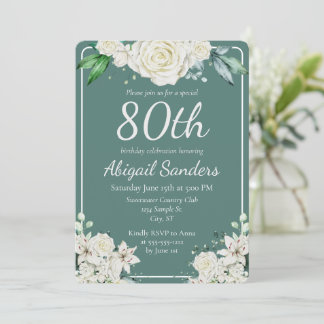 Elegant Aqua Rose Floral 80. Geburtstagsparty Einladung