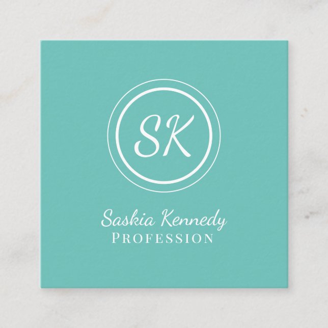 Elegant Aqua Script Beruflich Monogram Quadratische Visitenkarte (Vorderseite)