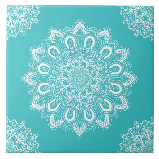 Elegant Aquamarin Blue Aqua Boho Chic Mandala Fliese (Vorderseite)