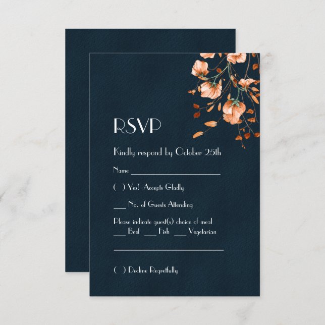 Elegant Aquamarin Blue Burnt Orange Floral RSVP Karte (Vorne/Hinten)