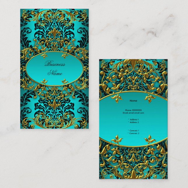 Elegant Aquamarin Blue Gold Damask Floral Visitenkarte (Vorne/Hinten)